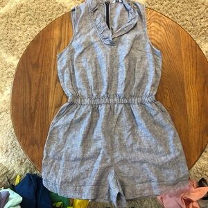 Crown & Ivy Blue 100% Linen Ruffle Sleeveless Summer One‎ Piece Romper size 12